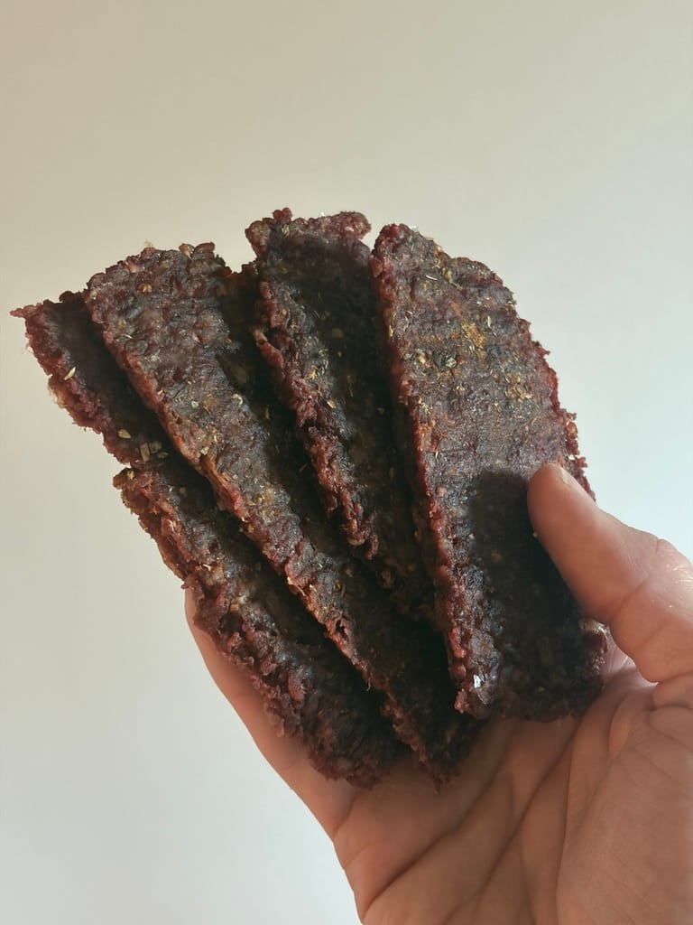 Hand holding a stack of homemade dried meat slices