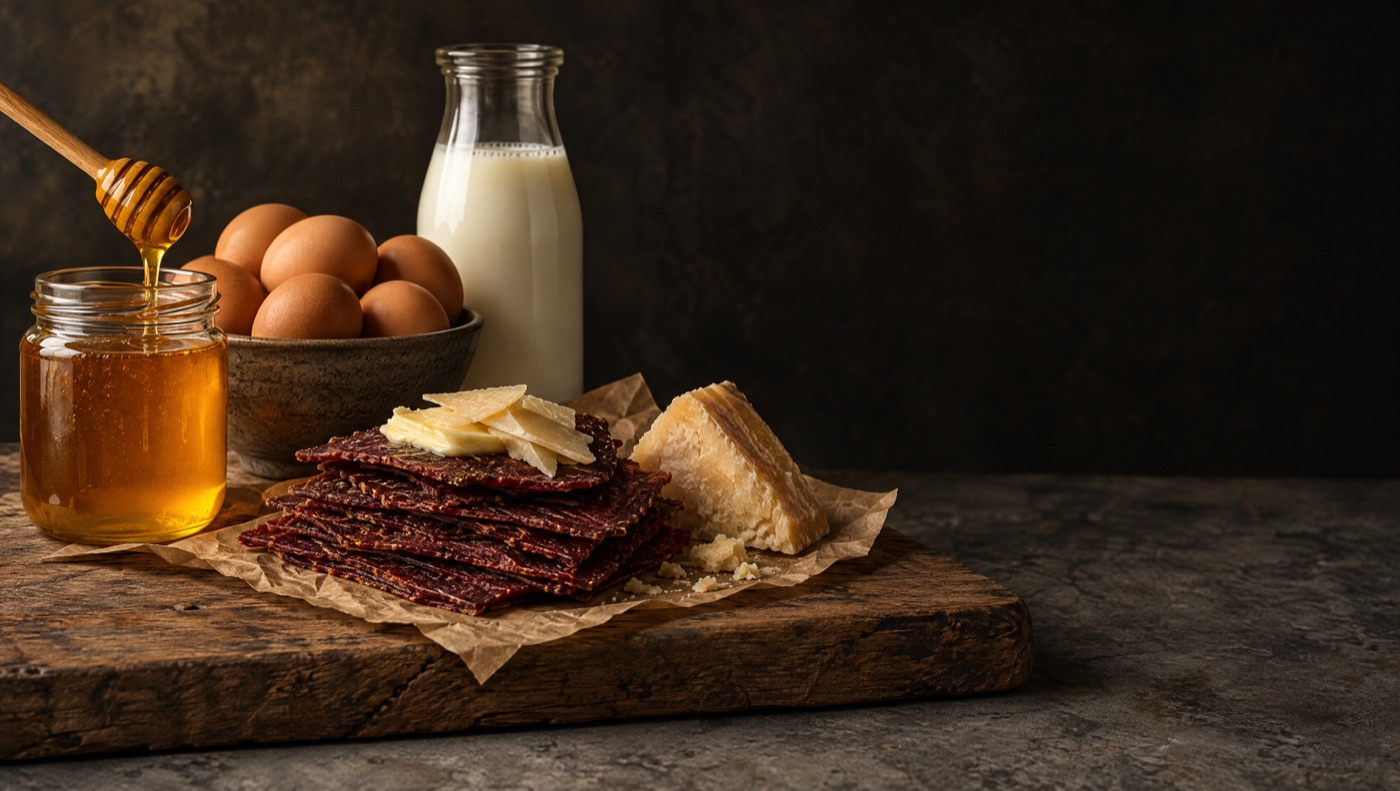 Honey, eggs, raw milk and dried meat